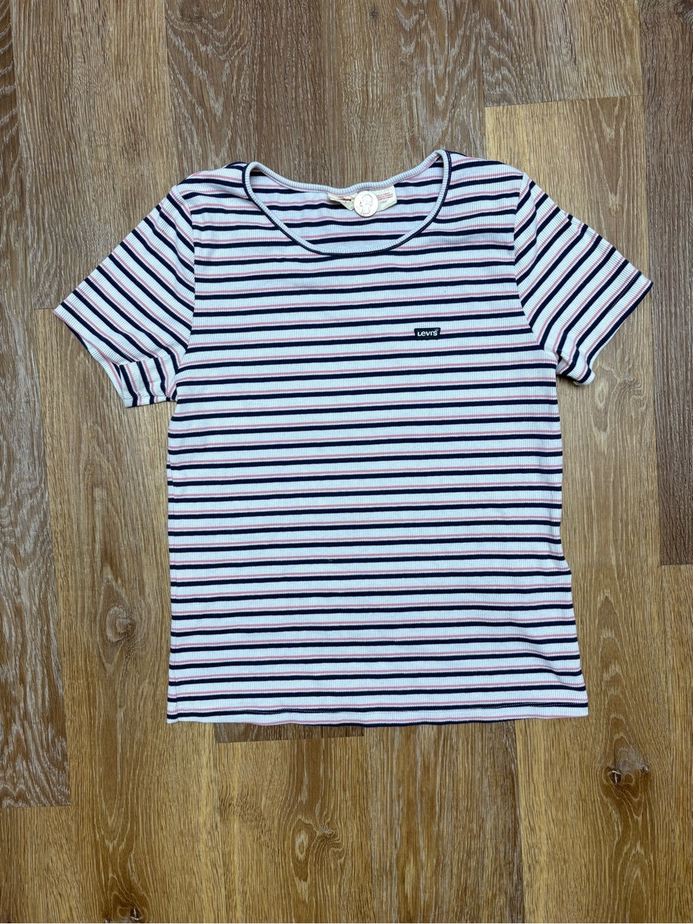 Levi's White Tee with Navy & Pink Stripes